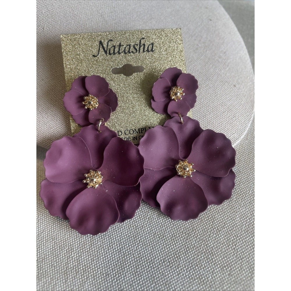 Natasha Purple Matte Flower Statement Earrings Gold Dangle Large Floral 3D